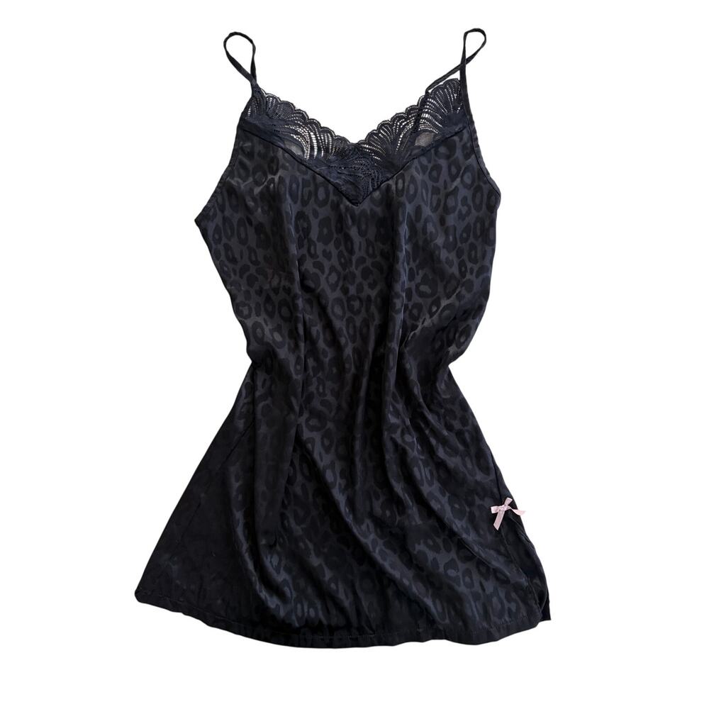 vintage y2k rachel roy black leopard satin lace trim nightgown medium